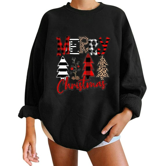 Scyoekwg Oversized Sweatshirts for Women Loose Fit Christmas Sweatshirt Long Sleeve Tops Round Neck Fleece Sweatshirts Leopard Plaid Christmas Tree Graphic Sweatshirt Pullover #C=Black S(4)