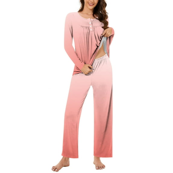 Scyoekwg Pajama Sets for Women Gradient Color Loungewear Matching Set Casual Button Round Neck Long Sleeve Tops and Pants Pajama Sets (Pink,XXXL)