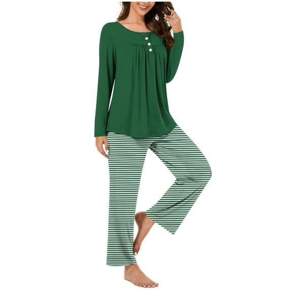 Scyoekwg Pajamas for Women Set Casual Solid Color Button Round Neck Pleated Long Sleeve Tops and Pants Loungewear Outfits (Army Green,M)