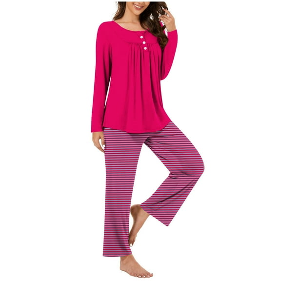Scyoekwg Pajamas for Women Set Casual Solid Color Button Round Neck Pleated Long Sleeve Tops and Pants Loungewear Outfits (Hot Pink,M)