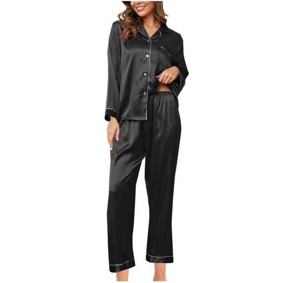 Scyoekwg Pajamas for Women Set Solid Color Fall Loungewear Matching Set Casual Loose Fitting Home Clothes Long Sleeve Pants Pajamas Set (Black,M)