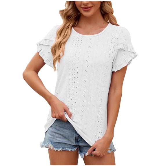 Scyoekwg Petal Sleeve Tops for Women Summer Trendy Round Neck Eyelet Short Sleeve Shirts Solid Color Elegant Tunic Blouses (White,L)