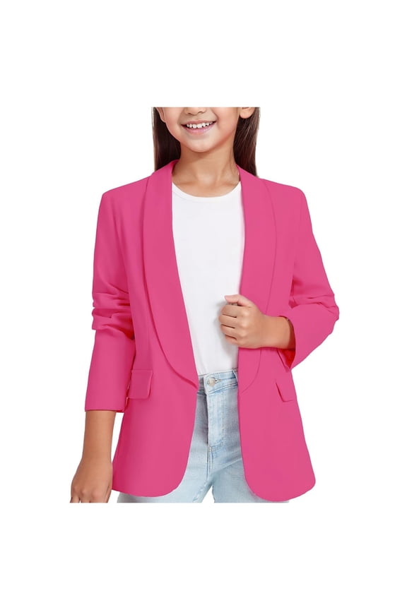 Pink Blazer Girls Jacket Toddler Long Sleeve Turndown Neck Formal Blazer Jacket with Pocket (Hot Pink,11-12 Years)