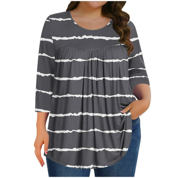 Scyoekwg Plus Size 3/4 Sleeve Tops for Women Crew Neck Three Quarter Sleeves Tunic Shirt Striped Print Lightweight Ladies Blouses Trendy Casual Comfy Loose Blouses (Gray,XXXXXL)