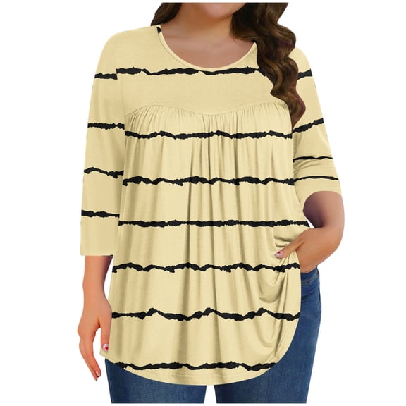 Scyoekwg Plus Size 3/4 Sleeve Tops for Women Crew Neck Three Quarter Sleeves Tunic Shirt Striped Print Lightweight Ladies Blouses Trendy Casual Comfy Loose Blouses (Beige,XXXXXL)