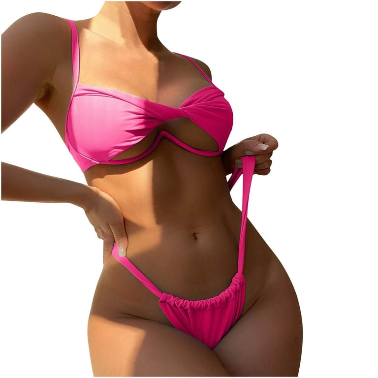 Scyoekwg Plus Size Bathing Suit for Women Bikini Set Clearance Summer Solid  Beach Tankini Top Swimsuits Two Piece High Breast Contrast Bikini Set Hot  Pink M 