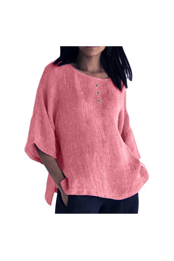 Plus Size Cotton Linen Tops for Women Casual Round Neck Button Short Sleeve Shirts Summer Fashion Solid Color Tshirts Blouses (Pink,XL)