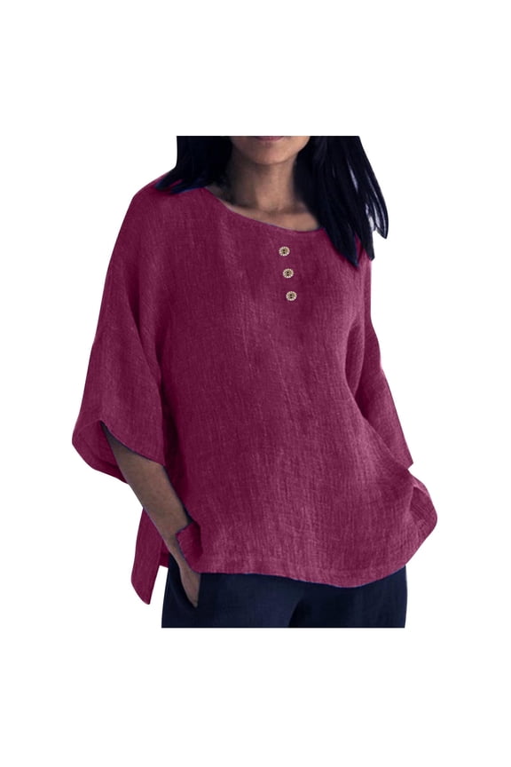 Plus Size Cotton Linen Tops for Women Casual Round Neck Button Short Sleeve Shirts Summer Fashion Solid Color Tshirts Blouses (Purple,XL)