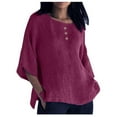 thumbnail image 1 of Scyoekwg Plus Size Cotton Linen Tops for Women Casual Round Neck Button Short Sleeve Shirts Summer Fashion Solid Color Tshirts Blouses (Purple,XXXXL), 1 of 5