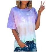 Scyoekwg Plus Size Summer Womens Short Sleeve Tie-Dye Shirts Casual Round Neck Loose Fit Lightweight Blouses Plus Size Tops for Women Blue L