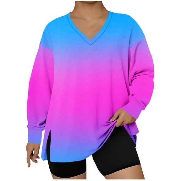 Scyoekwg Plus Size Sweatshirts for Women V Neck Oversized Sweatshirts Long Sleeve Tunic Sweatshirt Casual Loose Pullover (Hot Pink,XXL)
