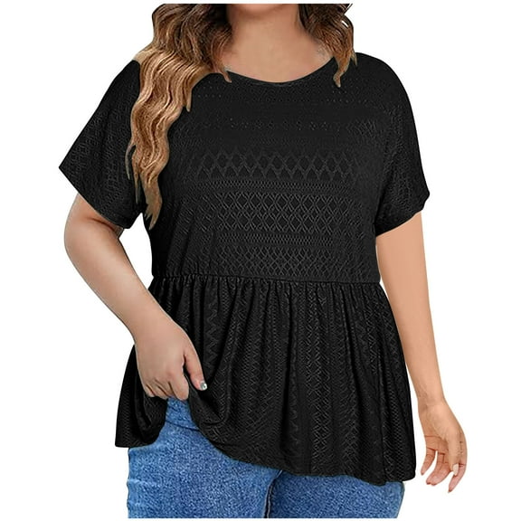 Scyoekwg Plus Size Tops for Women Crewneck Pleated Eyelet Tunic Shirts Loose Casual Ladies Tops Trendy Solid Color Summer Short Sleeve T Shirts Blouses (Black,XXXXL)