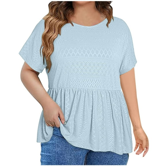 Scyoekwg Plus Size Tops for Women Crewneck Pleated Eyelet Tunic Shirts Loose Casual Ladies Tops Trendy Solid Color Summer Short Sleeve T Shirts Blouses (Light Blue,L)
