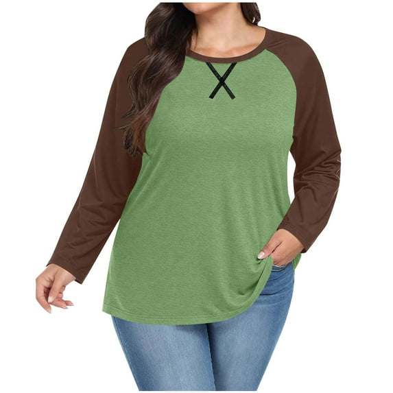 Scyoekwg Plus Size Tops for Women Fall Fashion For Women Crewneck Long Sleeve Plus Size Tops Color Block Tunic Shirts Raglan Sleeve Casual Loose Tshirt (Army Green,XXL)