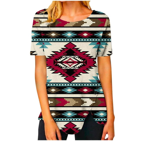 Scyoekwg Plus Size Tops for Women Short Sleeve T Shirts Vintage Geometry Print Graphic Tees Summer Round Neck Hem Buttons Irregular Relaxed Fit Casual Tops Clearance 02#Khaki XL(10)