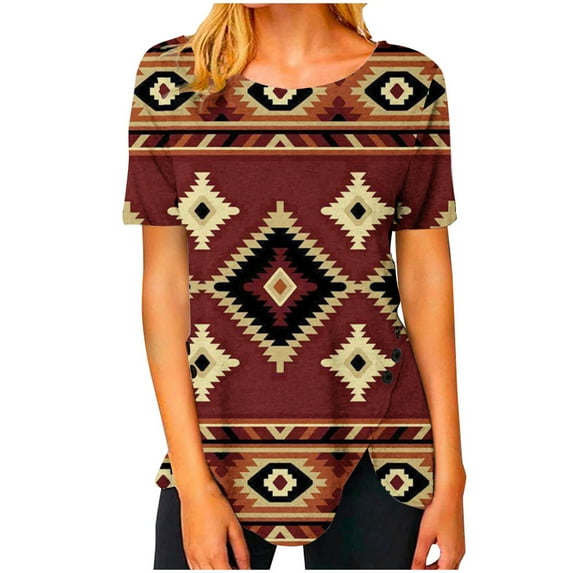 Scyoekwg Plus Size Tops for Women Short Sleeve T Shirts Vintage Geometry Print Graphic Tees Summer Round Neck Hem Buttons Irregular Relaxed Fit Casual Tops Clearance 02#Brown M(6)