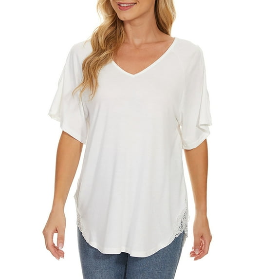 Scyoekwg Plus Size Tops for Women Trendy Clothes Short Sleeve Loose Comfy Blouse Tshirt V-Neck Elegant Shirts Casual Going Out Tops Classic Solid Color Cute Tops (White,XXL)