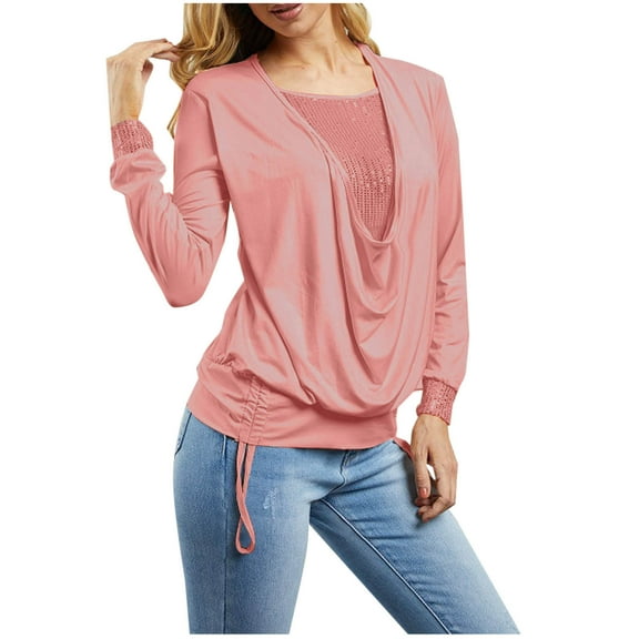 Scyoekwg Plus Size Tops for Women Long Sleeve Casual Round Neck Sequin Pleated Elastic Fake Two-Piece Top Fall Clothes (Pink,XXXXXL)