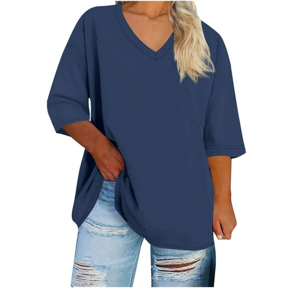 Scyoekwg Plus Size Tops for Women Summer Dressy V Neck Oversized T Shirts Short Sleeve Tee Blouse Casual Loose Fit Tunic Tops (Navy,XXXXL)