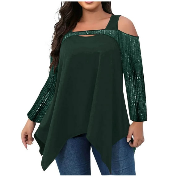 Scyoekwg Plus Size Tunic Tops for Women Round Neck Sequin Irregular Hem Blouse Top Long Sleeve Tops for Women Trendy Tshirt Loose Solid Color Dressy Casual Blouses (Green,XXXXXL)