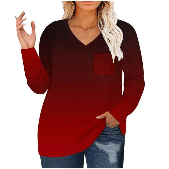 Scyoekwg Plus Size Tunic Tops for Women V Neck Tunic Shirts Long Sleeve Loose Lightweight Dressy Casual Blouse Gradient Color Tops for Women Trendy Blouses (Red,XL)