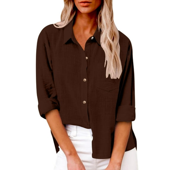 Scyoekwg Plus Size Womens Button Down Shirt Comfy Long Sleeve Shirts V Neck Lapel Solid Color Lightweight Loose Casual Blouses #B01=Brown L