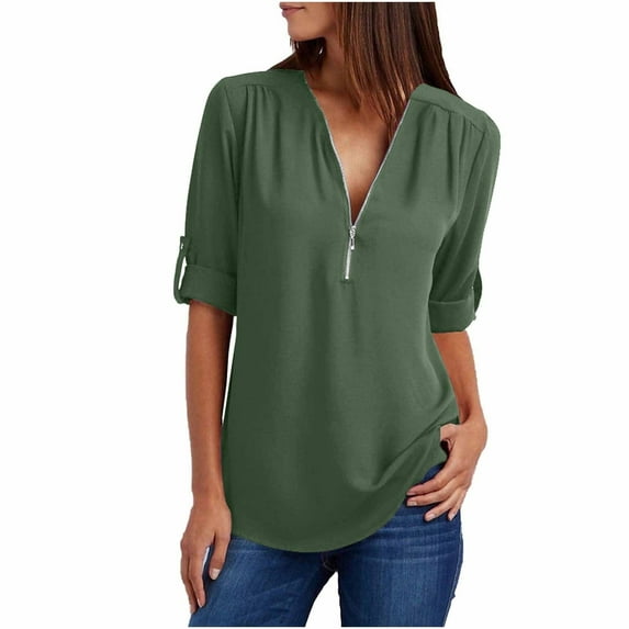 Scyoekwg Plus Size Womens Chiffon Tops Dressy Casual Zipper V Neck 3/4 Sleeve Shirt Solid Color Loose Lightweight Tunics Blouse Army Green XXL