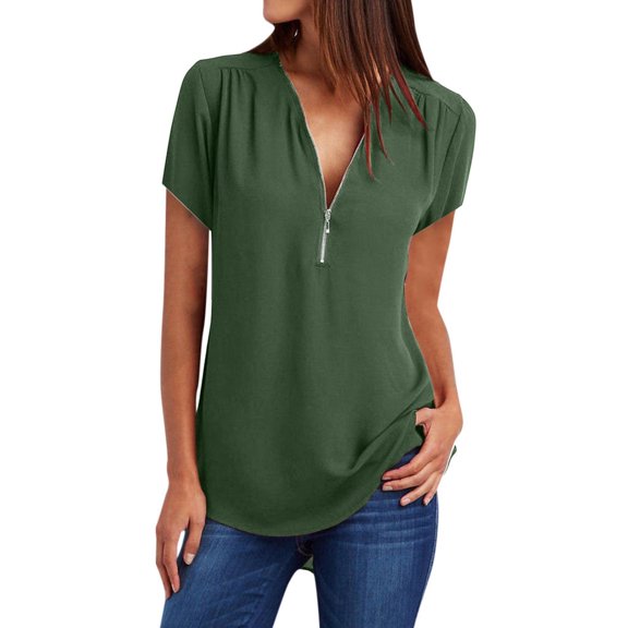 Scyoekwg Plus Size Womens Short Sleeve Tops Casual Zip V-Neck Rollable Sleeve Shirts Summer Trendy Solid Color Loose Fit Blouse Tunic Army Green L(8)