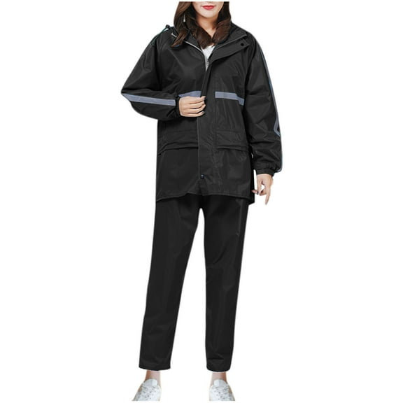 Scyoekwg Rain Suits Waterproof Raincoat Set Women's Rain Jacket Trouser Suit Two-piece Set Long Sleeved Hooded Set (Black,L)