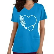 Scyoekwg Scrubs Tops for Women Clearance Heart Print Graphic Tee Casual Working Unifor m V-Neck Short Sleeve Tunic Tops Summer Tops Loose Fit Tees Tops Blue L