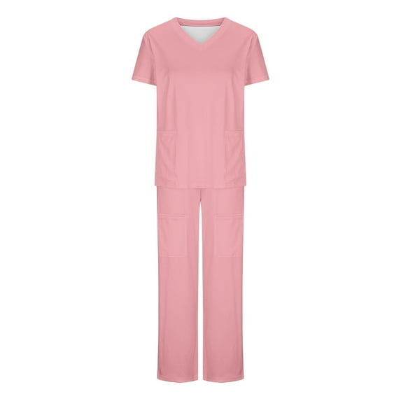Scyoekwg Scrubs for Women Set 2 Piece Sets for Women Short Sleeve V-Neck Tops Long Pants Plus Size Sets Solid Color Uniform 2 Piece Sets with Pockets (#A=Pink,XXXXL)