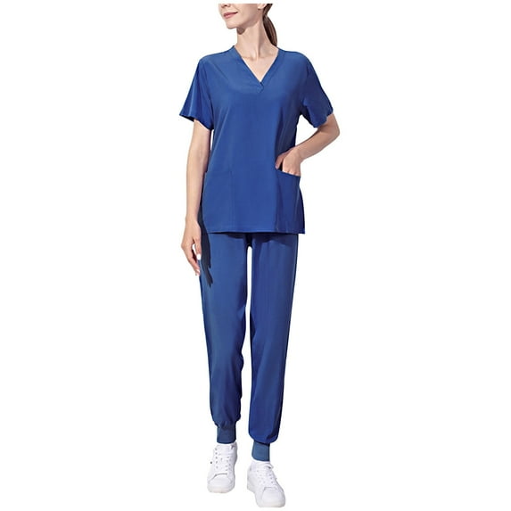 Scyoekwg Scrubs for Women Set Casual Loose Uniform Outfits Trendy Sweatsuits Sets Solid Color Short Sleeve Scrub V-Neck Scrub Tops Long Jogger Pants Outfits (Dark Blue,XXXXL)