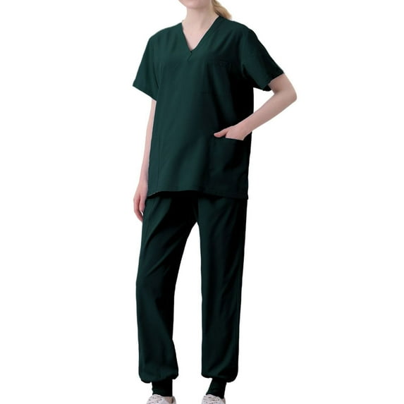 Scyoekwg Scrubs for Women Set Jogger Pants Loose Uniform Outfits Casual Sweatsuits Sets Trendy Solid Color Short Sleeve Scrub V-Neck Scrub Tops Long Jogger Pants (Army Green,S)
