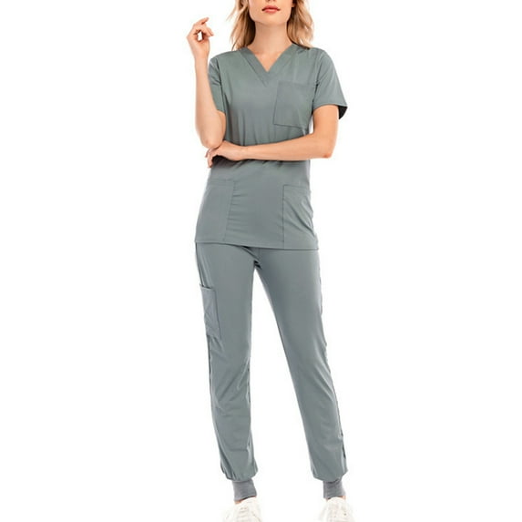 Scyoekwg Scrubs for Women Set Short Sleeve Scrub V-Neck Scrub Tops Long Jogger Pants Loose Trendy Uniform Outfits Solid Color Casual Sweatsuits Sets (Gray,M)