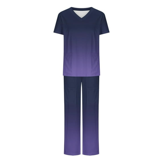 Scyoekwg Scrubs for Women Set Short Sleeve V-Neck Tops Long Pants Plus Size Sets Gradient Color Uniform 2 Piece Sets With Pocket (#B=Dark Blue,XXL)