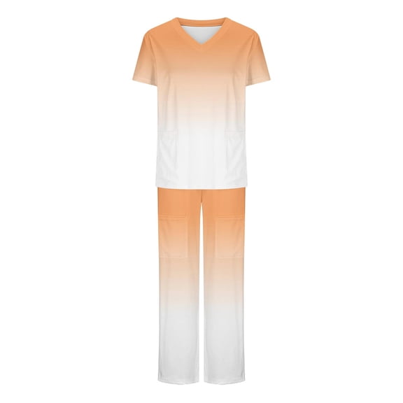 Scyoekwg Scrubs for Women Set Short Sleeve V-Neck Tops Long Pants Plus Size Sets Gradient Color Uniform 2 Piece Sets With Pocket (#B=Orange,XL)
