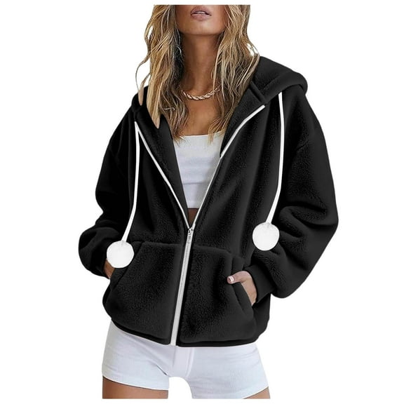 Scyoekwg Sherpa Jacket Women Fleece Zip Up Thermal Jackets Casual Long Sleeve Warm Drawstring Hooded Winter Coats with Pockets (Black,S)