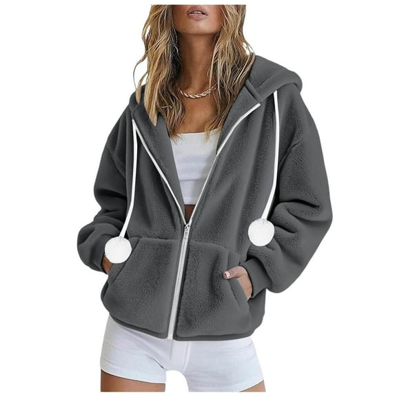 Scyoekwg Sherpa Jacket Women Fleece Zip Up Thermal Jackets Casual Long Sleeve Warm Drawstring Hooded Winter Coats with Pockets (Dark Gray,L)