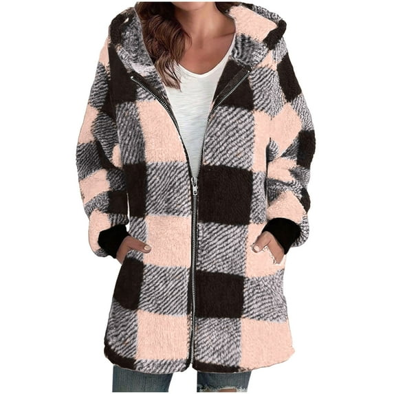 Scyoekwg Sherpa Jacket Women Hooded Fleece Zip Up Jacket Winter Warm Coats Casual Long Sleeve Plaid Coat Oversized Outerwear with Pockets (Multicolor,XXL)