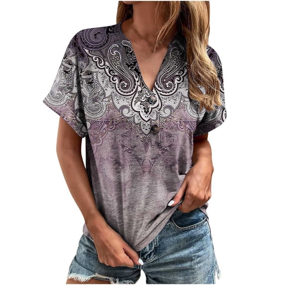 Scyoekwg Shirt for Woman Trendy Clearance Summer Tops Short Sleeve Tunic Tops Loose Fit Fashion Print Button Crewneck Casual Cute Tops (#A=Purple,XXXL)