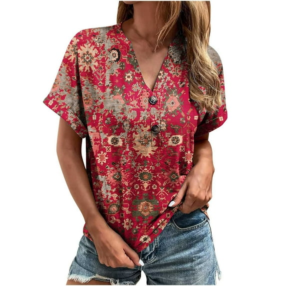 Scyoekwg Shirt for Woman Trendy Clearance Summer Tops Short Sleeve Tunic Tops Loose Fit Fashion Print Button Crewneck Casual Cute Tops (#A=Red,XXL)