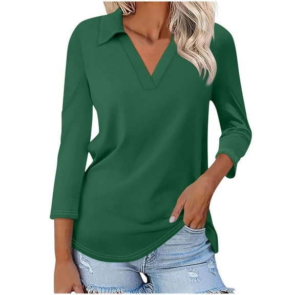 Scyoekwg Shirts for Women 3/4 Sleeve Tops V-Neck Lapel Three-quarter Sleeve Tshirt Loose Vintage Dressy Casual Blouses Fall Clothes Solid Color Fashion Tops(Army Green,XL)