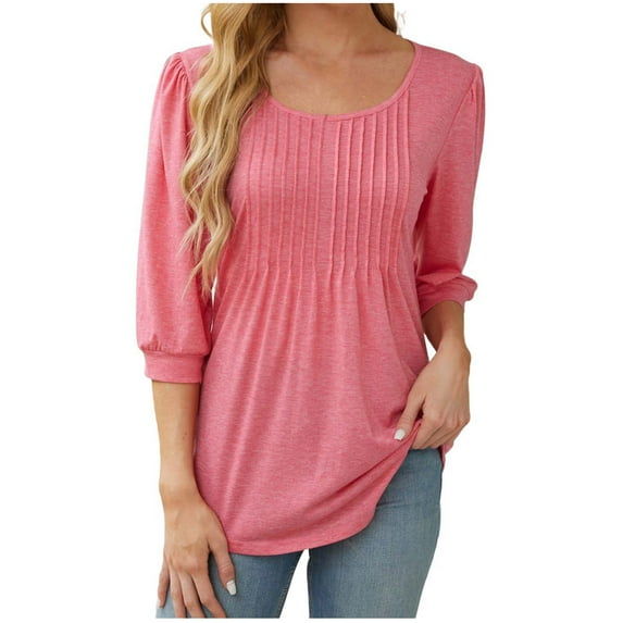 Scyoekwg Shirts for Women 3/4 Sleeve Tops V-Neck Lightweight Pleated Tunic Tops Vintage Solid Color Loose Fall Clothes Dressy Casual Blouses Fashion Tops(Pink,XL)