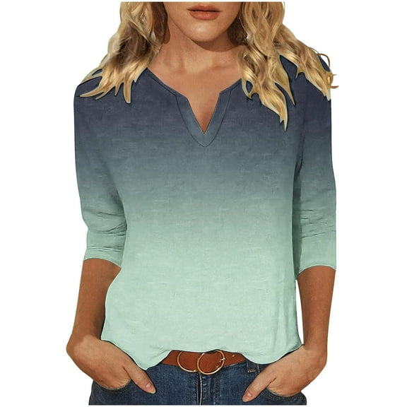 Scyoekwg Shirts for Women 3/4 Sleeve Tops V-Neck Three-quarter Sleeve Tshirt Gradient Color Graphic Tops Loose Fall Clothes Fashion Dressy Casual Blouses Vintage Tops(Army Green,XL)