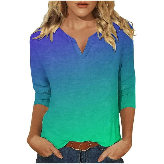 Scyoekwg Shirts for Women 3/4 Sleeve Tops V-Neck Three-quarter Sleeve Tshirt Gradient Color Graphic Tops Loose Fall Clothes Fashion Dressy Casual Blouses Vintage Tops(Green,S)