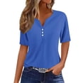 thumbnail image 1 of Scyoekwg Short Sleeve Button V Neck T Shirts for Women Summer Trendy Solid Color Shirts Casual Comfy Basic Tops Blouses (Blue,XL), 1 of 1