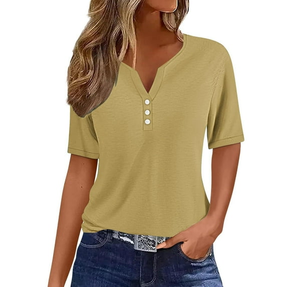 Scyoekwg Short Sleeve Button V Neck T Shirts for Women Summer Trendy Solid Color Shirts Casual Comfy Basic Tops Blouses (Khaki,XXL)