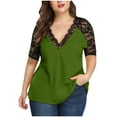 thumbnail image 1 of Scyoekwg Short Sleeve Shirt for Women Summer Lace V-Neck Splicing Tunic Tops Solid Color Patchwork Trendy Comfy Casual Loose Shirts Army Green XXL, 1 of 8