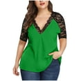 thumbnail image 1 of Scyoekwg Short Sleeve Shirt for Women Summer Lace V-Neck Splicing Tunic Tops Solid Color Patchwork Trendy Comfy Casual Loose Shirts Green XXXXL, 1 of 8