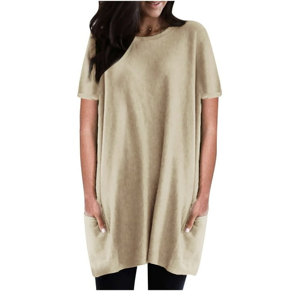 Scyoekwg Short Sleeve Shirts for Women Plus Size Hide Belly Tunic Trendy Classic Solid Color Casual Summer Round Neck Long Tees Tops Loose Fit Tops Khaki XXXXXL